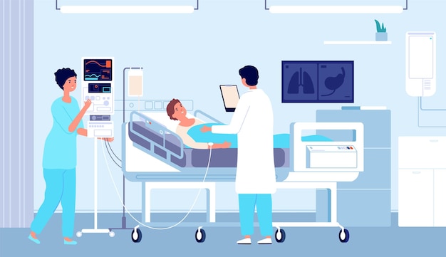 Quarto de hospital. paciente na cama, médico enfermeiro com conta-gotas dando atendimento médico. ilustração em vetor clínica plana terapia intensiva tratamento. diagnóstico de cuidados médicos, operação e exame