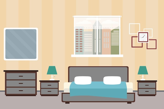 Quarto de hotel ou quarto de dormir Desenho de apartamentos interiores Ilustração vetorial de móveis domésticos