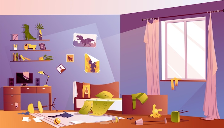 Vetor quarto de menino bagunçado interior do quarto com brinquedos espalhados e móveis sujos ilustração vetorial de desenho animado desordem de cama descoberta na mesa roupas e brinquedos espalhados caos terrível