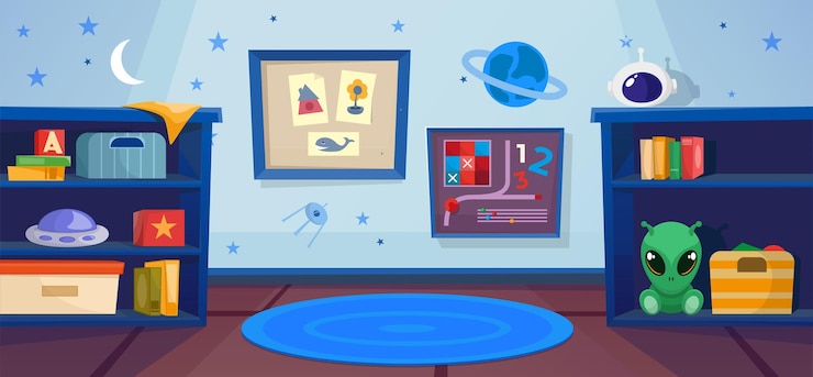 Vetor quarto de meninos do jardim de infância no conceito de cosmos. lugar para brincar no tapete. ufo, alienígena.