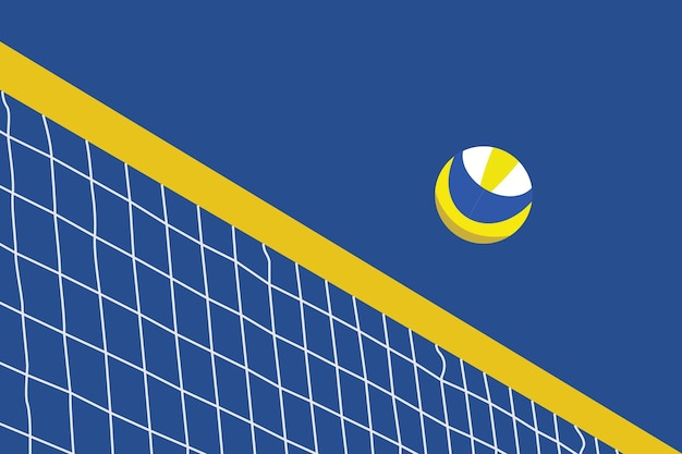 Quarto de vôlei e rede visíveis a partir do ângulo da colina bola de voleibol de pé na linha