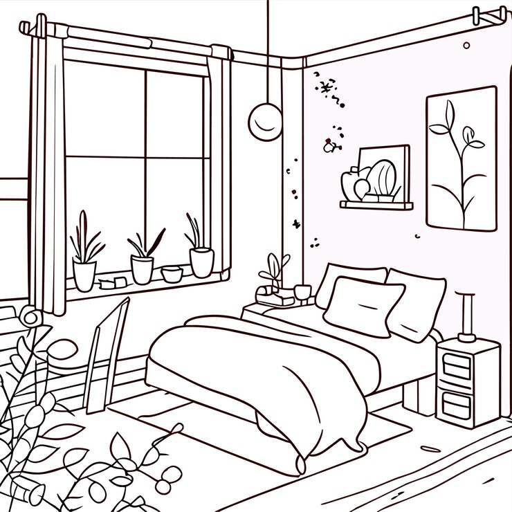Vetor quarto matinal em uma ilustração bagunçada da página do livro para colorir da cena da sala de estar interior