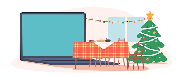 Quarto na noite de natal, interior de casa vazio com guirlandas brilhantes, árvore de abeto decorada com presentes e mesa servida com comida festiva frente de enorme laptop, véspera de natal. ilustração em vetor desenho animado