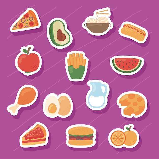 Vetor quatorze ícones de alimentos nutritivos
