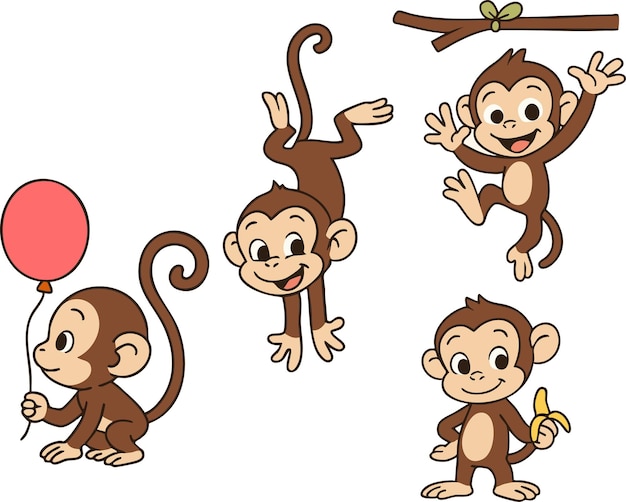 Quatro adoráveis macacos de desenho animado com um balão e uma banana