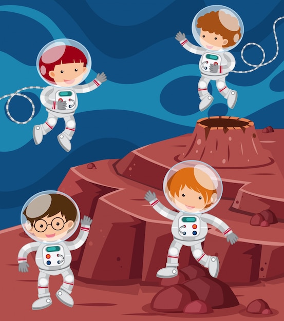 Quatro astronautas voando no espaço