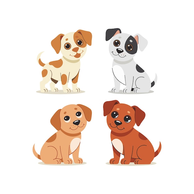 Quatro cachorrinhos de desenho animado adoráveis sorrindo felizes.