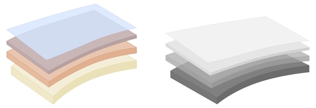 Quatro camadas simples ou diagrama de tecido. Várias espessuras, cores e versão cinza, camada superior opaca, folhas levemente dobradas