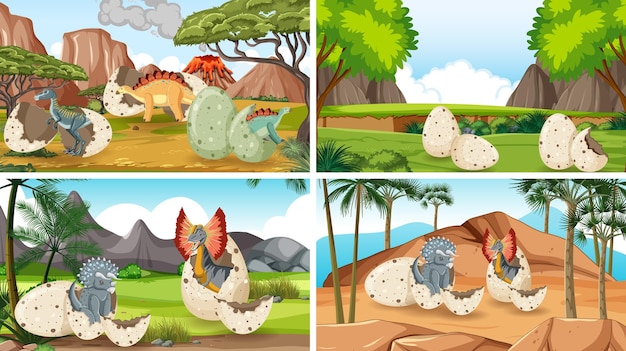 Quatro cenas com ovos de dinossauro no campo