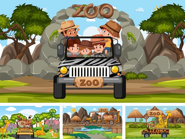 Vetor quatro cenas diferentes de zoológico com crianças e animais