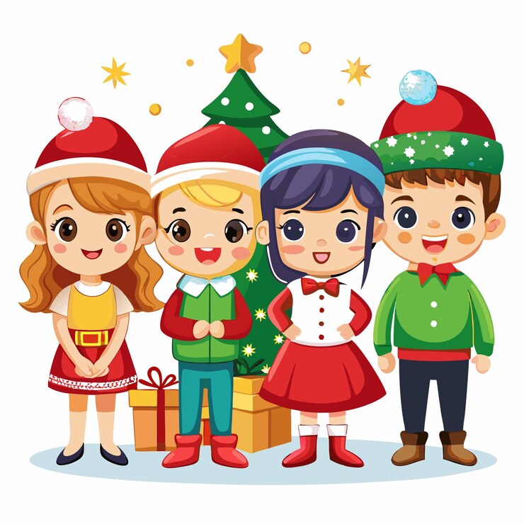 Vetor quatro crianças alegres em trajes de natal de pé na frente de uma árvore de natal decorada
