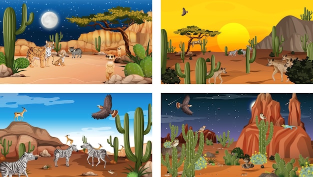 Quatro diferentes cenas de paisagens florestais do deserto com animais e plantas