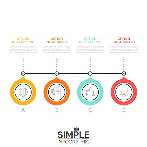 Vetor quatro elementos circulares com letras conectados sucessivamente por caixas de linha e texto. 4 etapas do conceito de crescimento da empresa. layout de design mínimo infográfico.