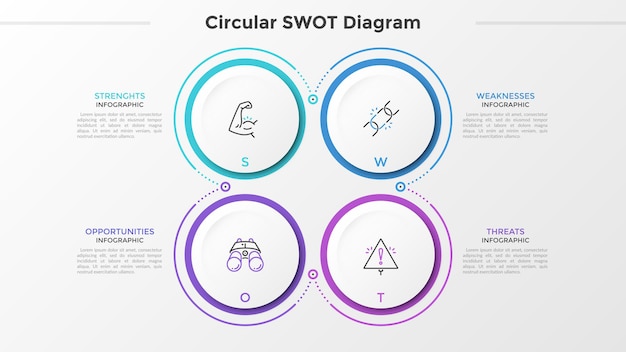 Quatro elementos circulares de papel branco com pictogramas lineares dentro e lugar para texto ou descrição. conceito de análise swot para empresa startup. modelo de design do infográfico. ilustração vetorial.