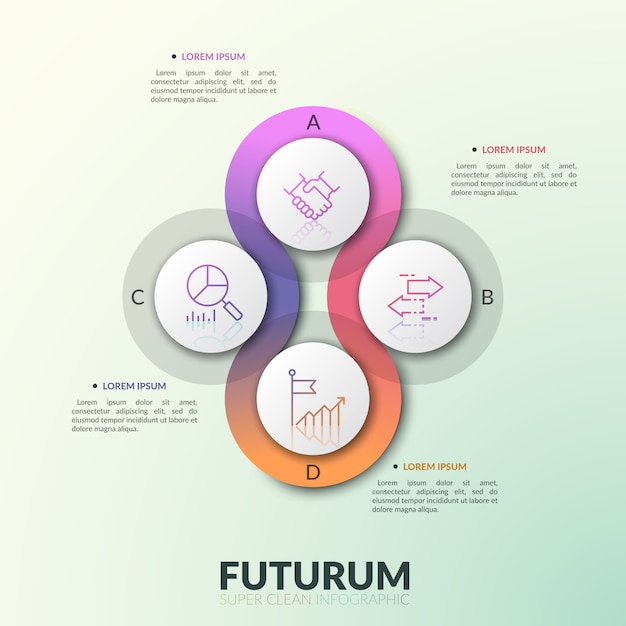 Quatro elementos redondos translúcidos e redondos colocados ao redor do centro com letras e pictogramas de linhas finas dentro. modelo de design moderno infográfico.