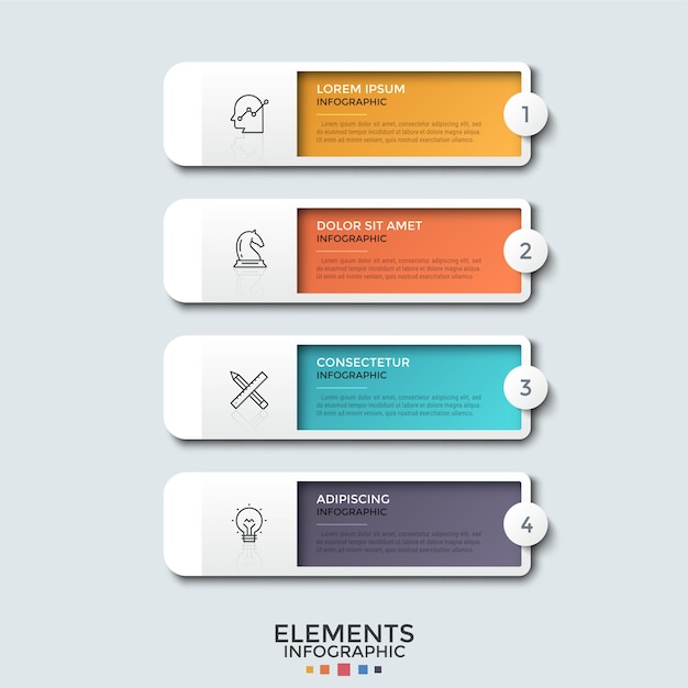 Quatro elementos retangulares coloridos com símbolos de linha fina, números e caixas de texto colocados um abaixo do outro. Conceito de lista de recursos de negócios. Modelo de design do infográfico.