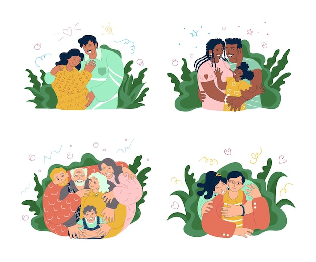 Quatro famílias felizes abraçando a América Latina, afro-americana, europeia, caucasiana, asiática Paternidade