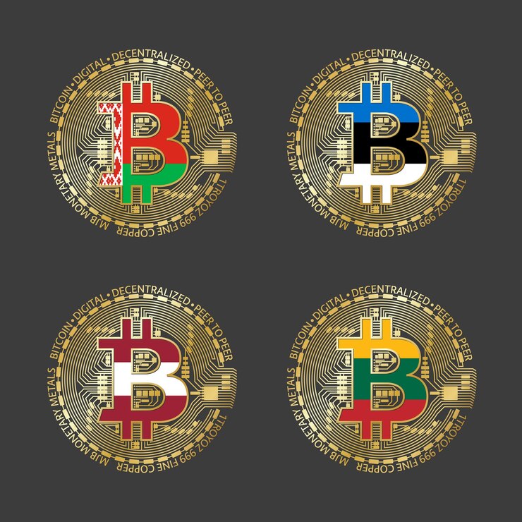 Vetor quatro ícones dourados de bitcoin com bandeiras da bielorrússia, estônia, letônia e lituânia símbolo de tecnologia de criptomoeda ícones de dinheiro digital vetoriais isolados em fundo cinza