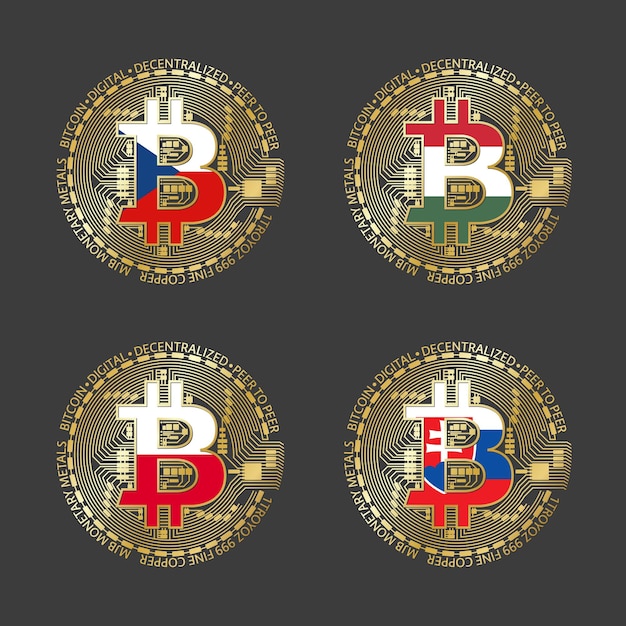 Vetor quatro ícones dourados de bitcoin com bandeiras da república tcheca, hungria, polônia e eslováquia símbolo de tecnologia de criptomoeda ícones de dinheiro digital vetoriais isolados em fundo cinza