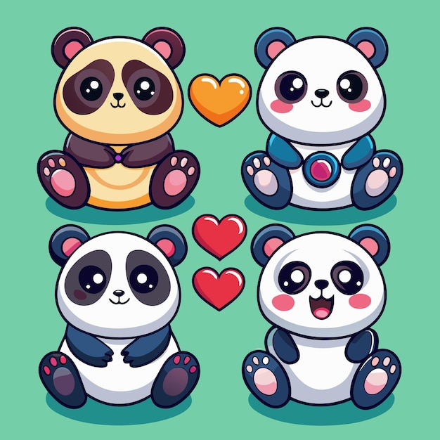 Quatro lindos pandas de desenho animado com corações.