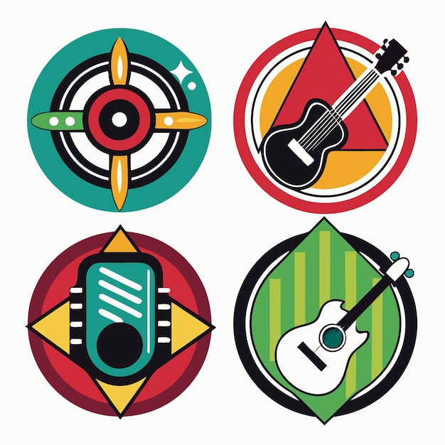 Quatro logos circulares abstratos com guitarras acústicas um com um triângulo um com um gráfico de barra verde um com uma estrela e um com um microfone dentro