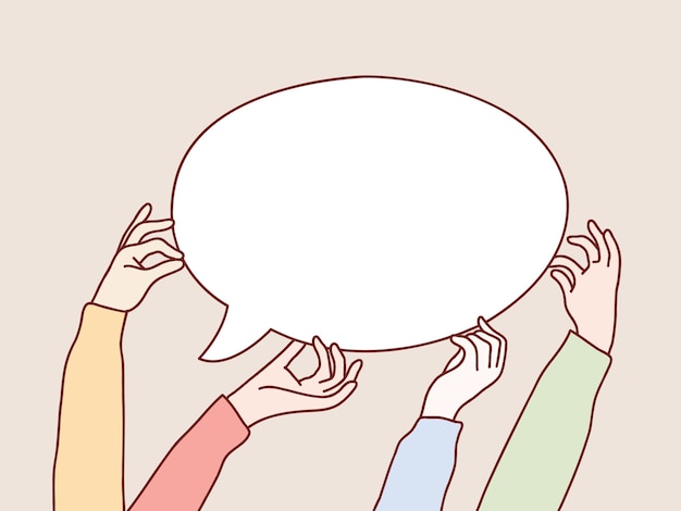 Quatro mãos segurando bolhas vazias em branco discurso simples ilustração de estilo coreano