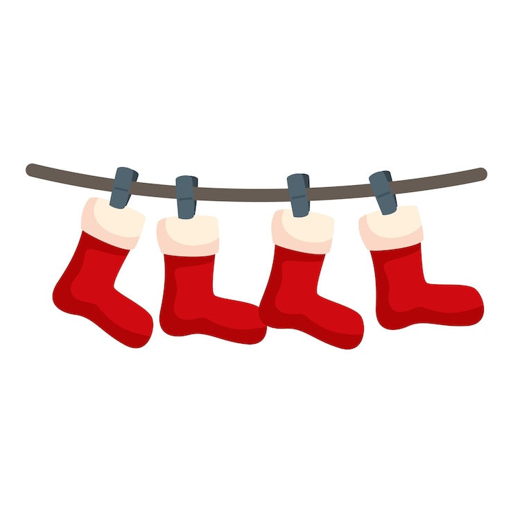 Vetor quatro meias vermelhas de natal penduradas numa corda com pinças de roupa