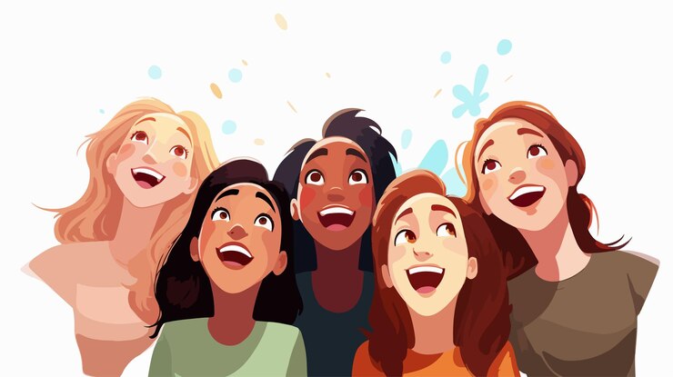 Vetor quatro personagens femininas de desenhos animados olhando para cima