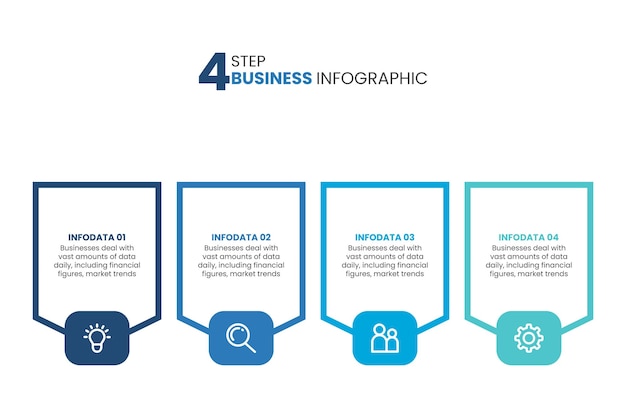 Quatro quadros retangulares numéricos colocados na linha horizontal Conceito de 4 estágios de estratégia de marketing