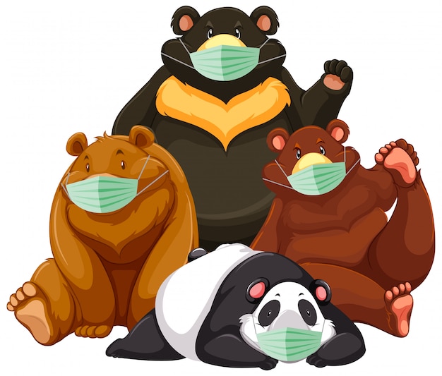 Quatro tipo de personagem de desenho animado de urso usando máscara