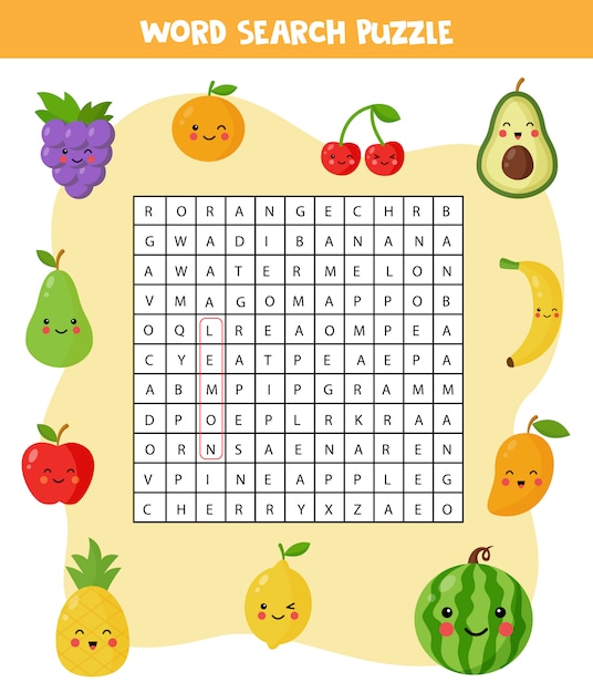 Quebra-cabeça de busca de palavra com kawaii bonito frutas e bagas. encontre todas as palavras no campo. palavras cruzadas elementares para crianças. conjunto de frutas dos desenhos animados. jogo lógico. quebra-cabeças engraçado para crianças.