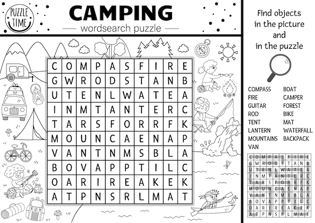 Quebra-cabeça de caça-palavras de acampamento em preto e branco de vetor palavras cruzadas simples de acampamento de verão de floresta ou página para colorir atividade educacional de palavras-chave com crianças pescando caminhadas tocando violão xa