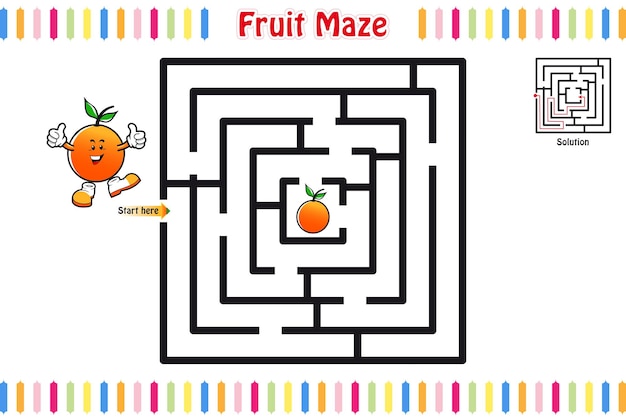 Quebra-cabeça de labirinto, labirinto educacional para crianças com frutas, labirinto para crianças, ilustração vetorial