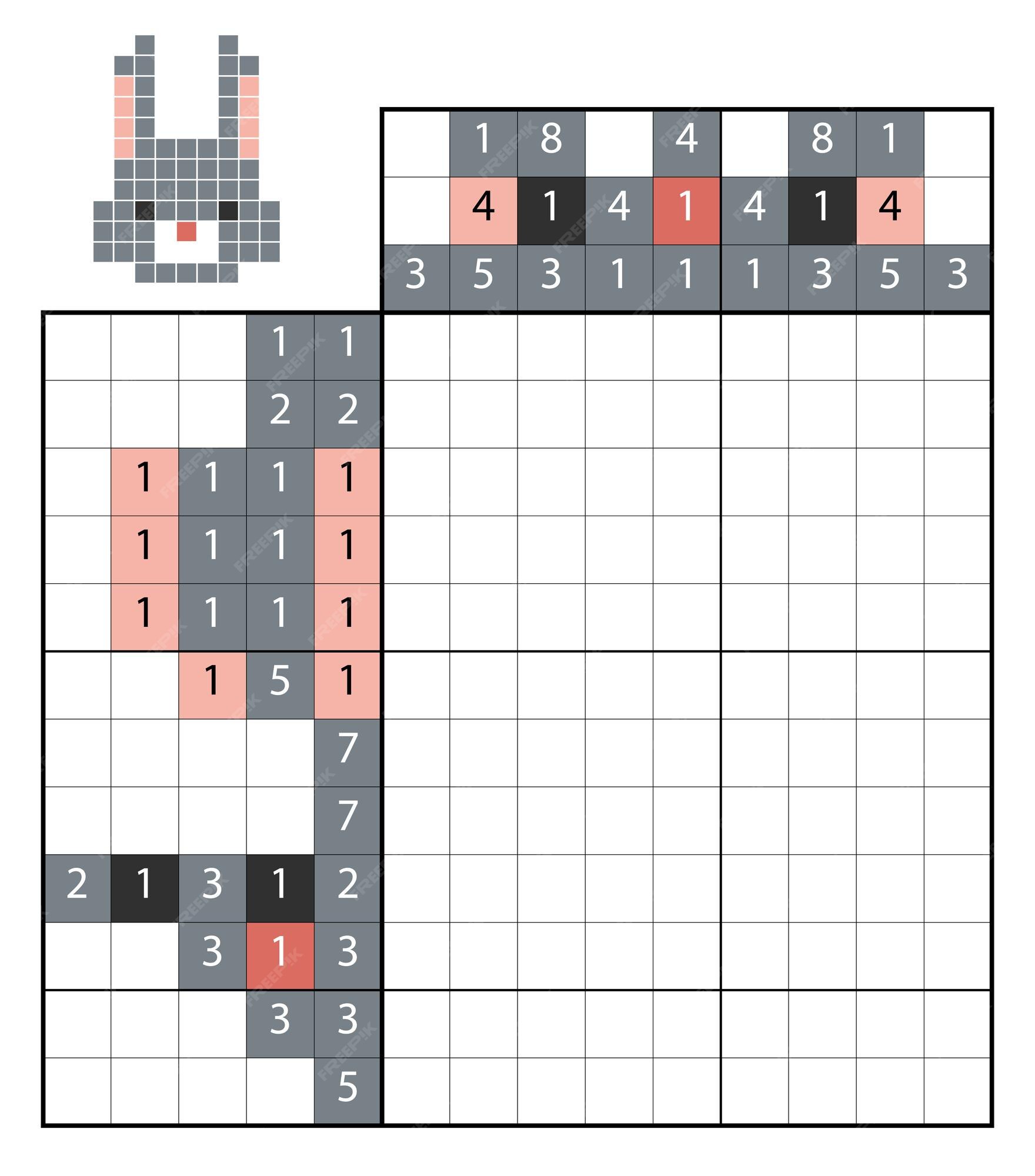 Quebra-cabeça de pintar por número (nonograma), jogo educacional para  crianças, coelho