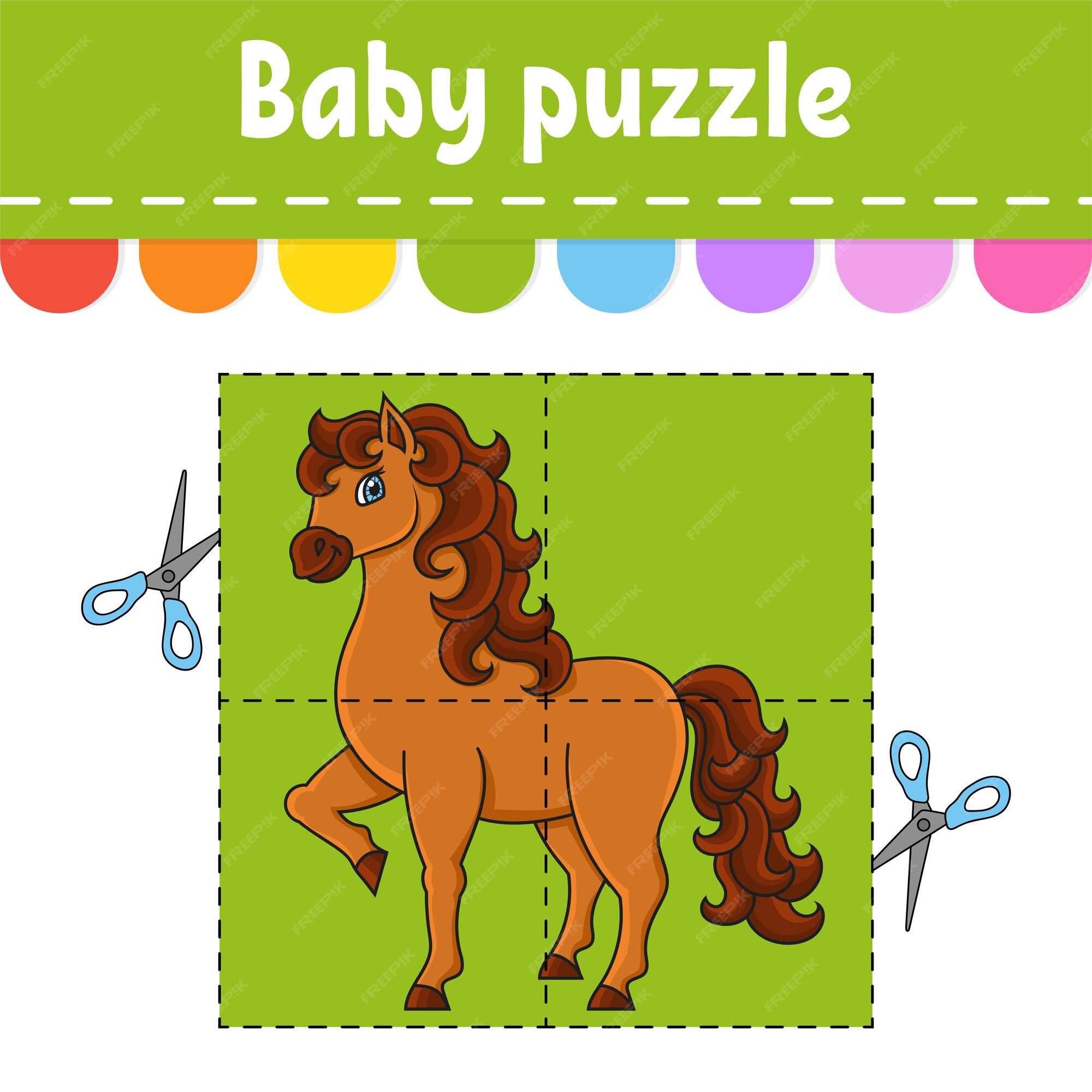 quebra-cabeça do bebê. nível fácil. animal cavalo. cartões flash. cortar e  jogar. planilha de atividades de cores. jogo para crianças. Personagem de  desenho animado. 5516515 Vetor no Vecteezy