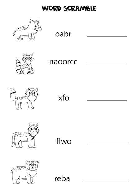 Quebra-cabeça para crianças jogo de palavras para crianças animais da floresta em preto e branco