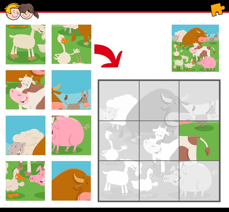 Vetor quebra-cabeças com animais de fazenda dos desenhos animados
