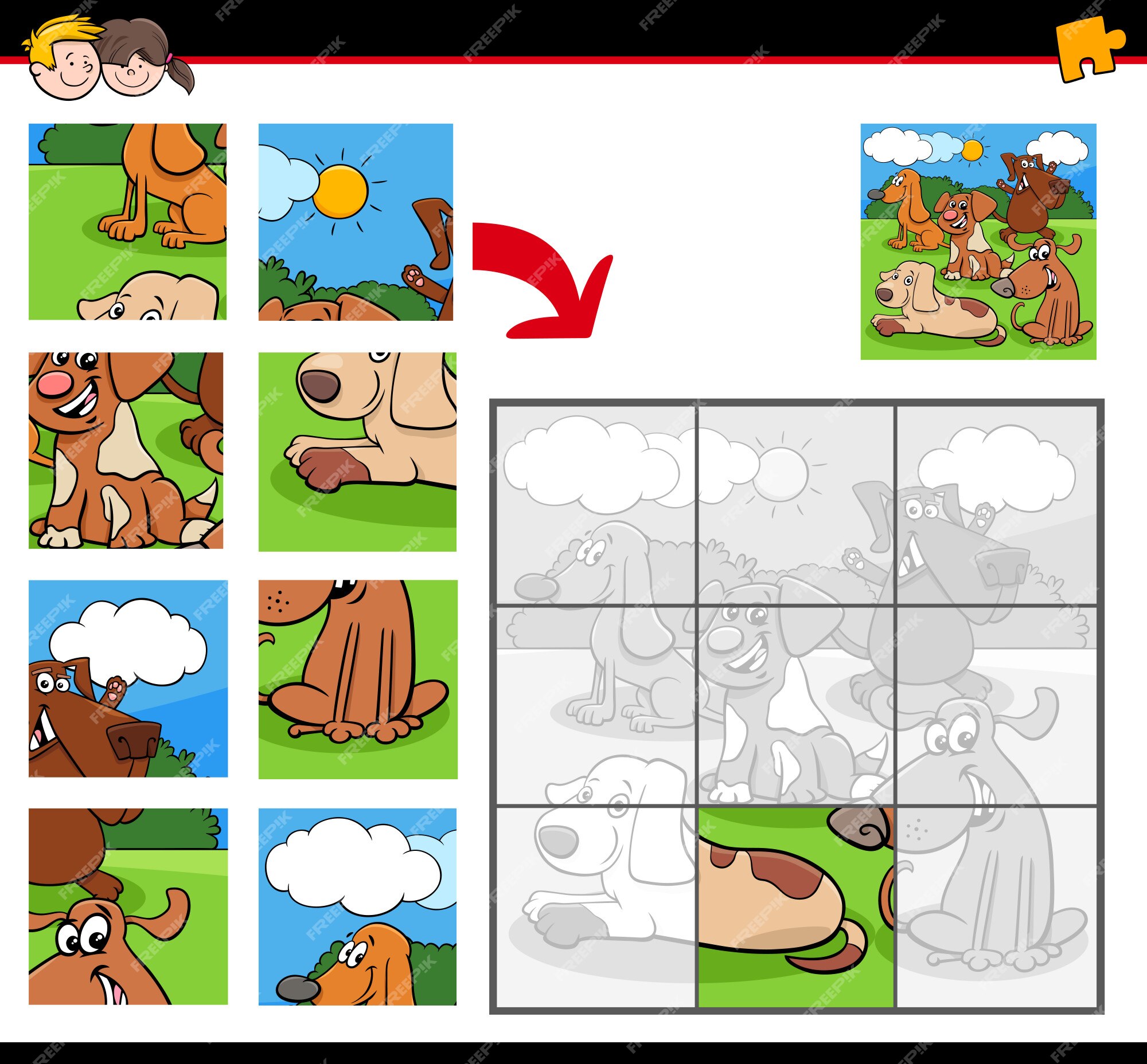 quebra-cabeças enigma jogos conjunto com engraçado desenho animado  cachorros personagens 23248239 Vetor no Vecteezy