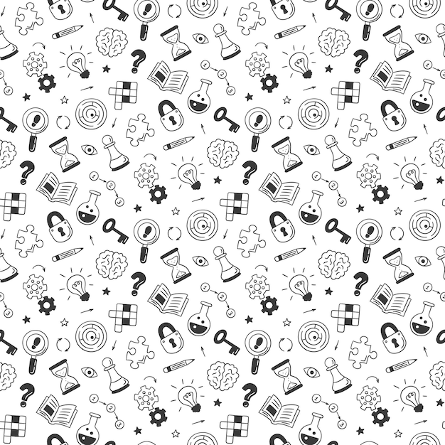 Quebra-cabeças e enigmas. padrão sem emenda desenhada de mão com palavras cruzadas, labirinto, cérebro, peça de xadrez, lâmpada, labirinto, engrenagem, fechadura e chave. ilustração vetorial no estilo doodle em fundo branco