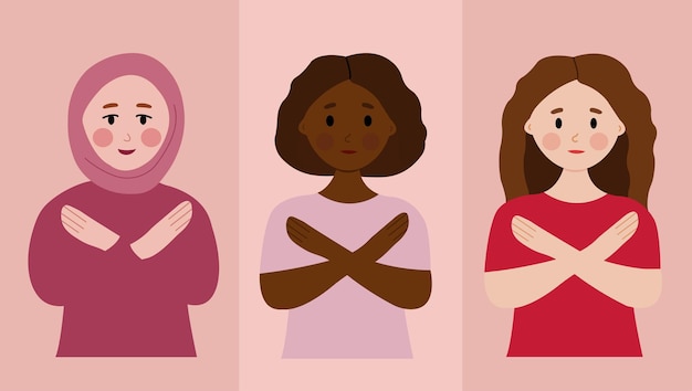 Quebre a ilustração da moda de viés com um conjunto de diversas mulheres com as mãos cruzadas conceito de igualdade de mulheres