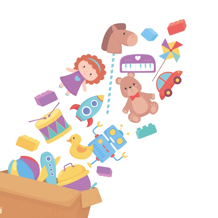 Vetor queda de brinquedos em objeto de caixa de papelão para crianças pequenas brincarem de desenho animado