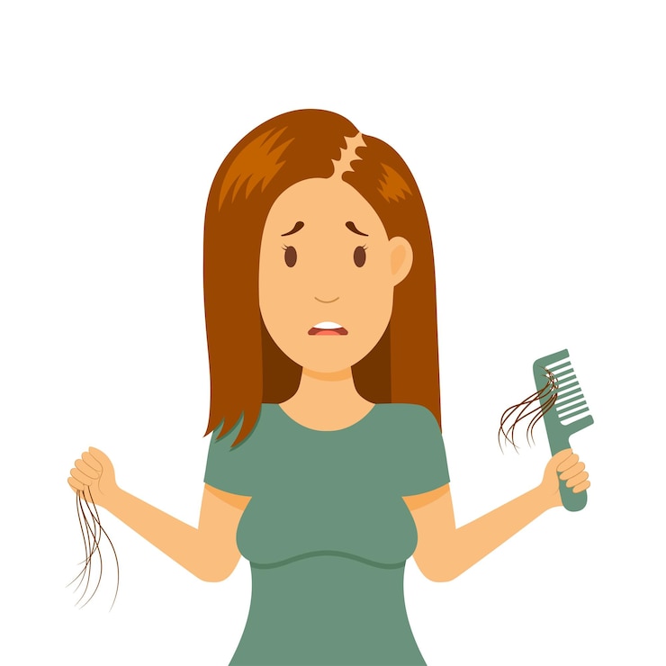 Vetor queda de cabelo em um problema feminino. a garota segura um pente na mão. alopecia na mulher, calvície em idade jovem