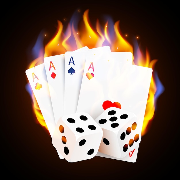 Queima de cartas de pôquer de casino e dados. Casino online e jogos de azar flamejantes