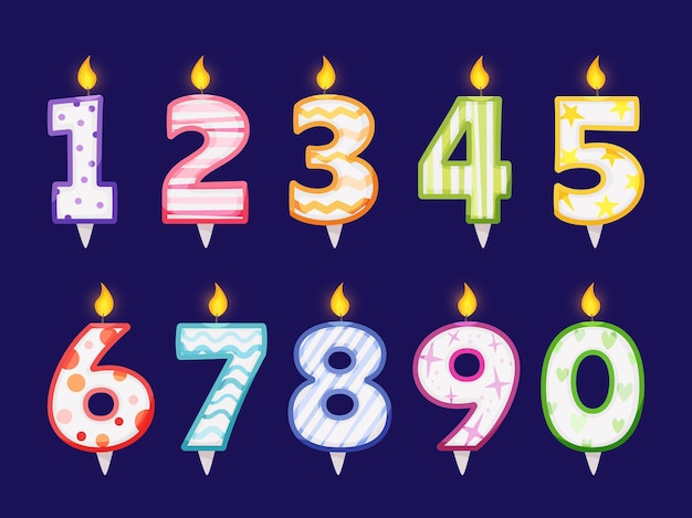 Queimando números de velas para decoração de bolo, festa de aniversário, celebração, crianças, aniversário, conjunto de vetores