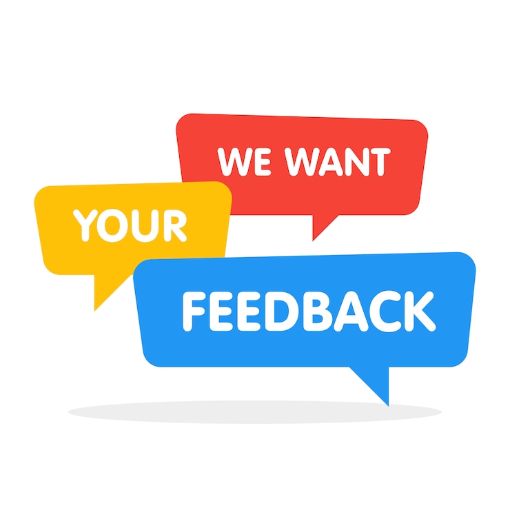 Vetor queremos o seu feedback bolhas de discurso em branco