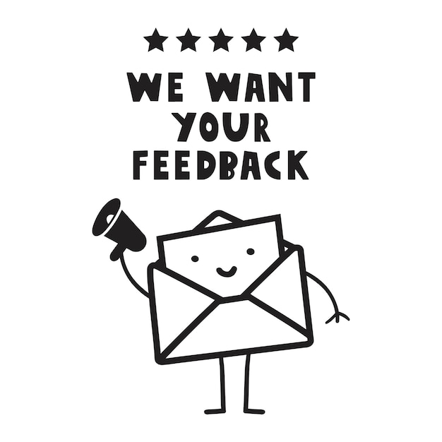 Queremos o seu feedback. Um envelope bonito com megafone. Ilustração de avaliação de cinco estrelas.