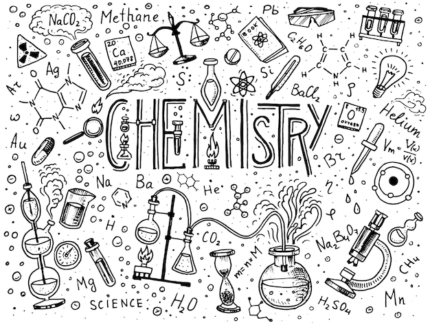 Vetor química de ícones conjunto lousa com elementos fórmulas átomo testtube e equipamentos de laboratório laboratório de trabalho e reações pesquisa educação científica médico gravado mão desenhada