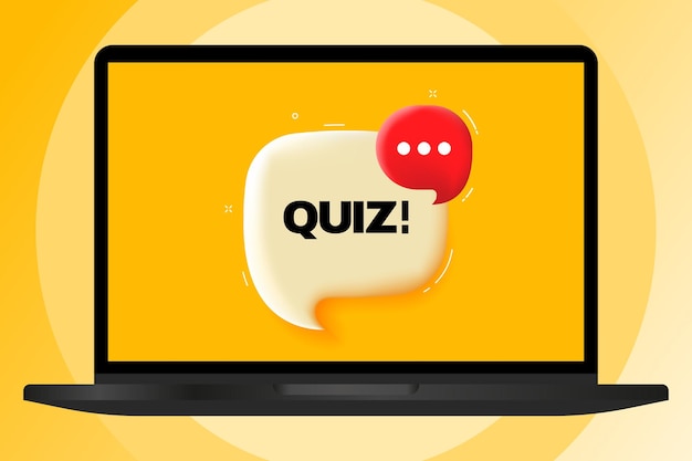 Quiz bolha de fala com texto ilustração 3d banner de texto no laptop moderno publicidade no computador