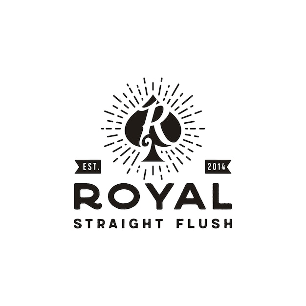 R inicial para royal flush spade poker jogo cartão retro vintage logotipo