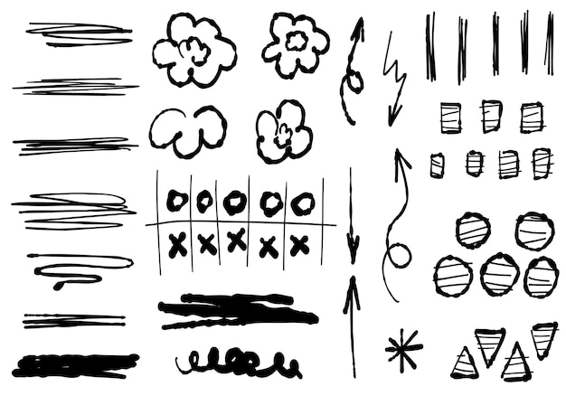 Vetor rabisco setas, flores, traços, círculos. esboce um conjunto fofo, doodle coleção de linhas isoladas.